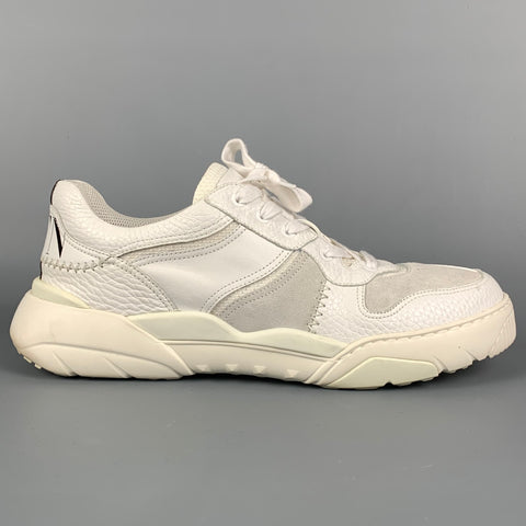 VALENTINO Size 12 White & Light Grey Leather Lace Up Sneakers