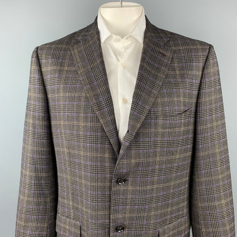 ISAIA Size 46 Charcoal & Purple Plaid Wool / Cashmere Notch Lapel Sport Coat