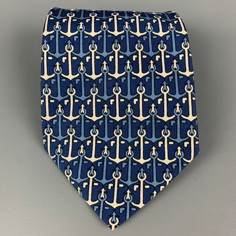 HERMES 547 1A Navy White Anchors Silk Tie