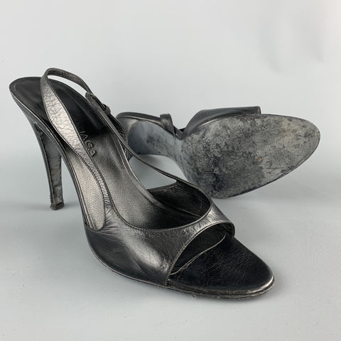 BALENCIAGA Size 8.5 Black Leather Peep Toe Strappy Slingback Sandals