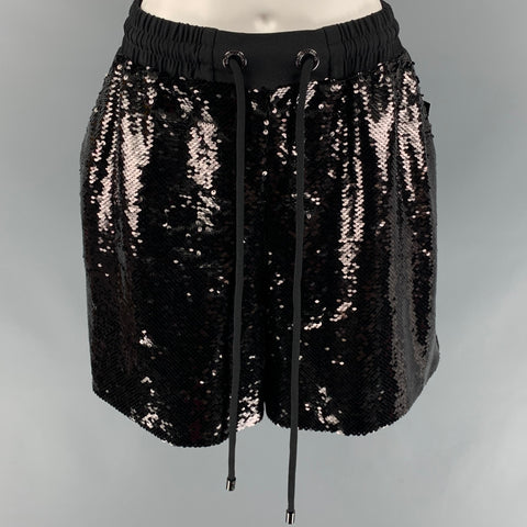 EMPORIO ARMANI Size 8 Black Sequined Polyester Drawstring Shorts