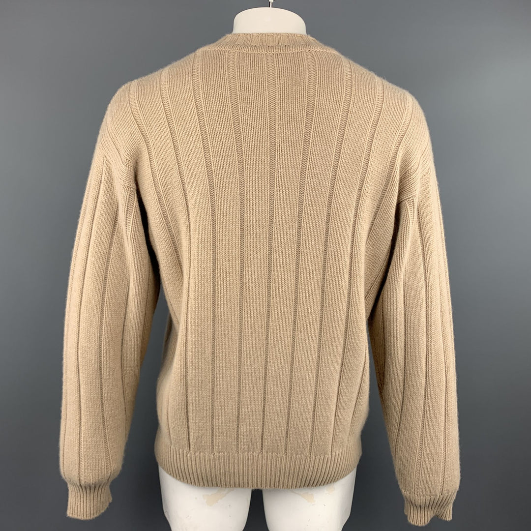 MANRICO Size L Tan Cable  Cashmere Crew-Neck Sweater