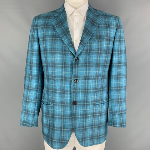 KITON Size 44 Aqua Grey Plaid Cashmere Blend Notch Lapel Sport Coat