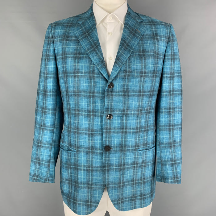 KITON Size 44 Aqua Grey Plaid Cashmere Blend Notch Lapel Sport Coat