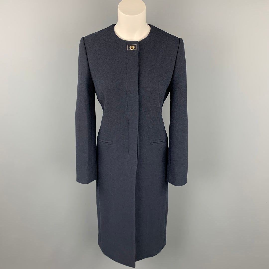 SALVATORE FERRAGAMO Size 4 Navy Wool / Silk Collarless Hidden Button Coat