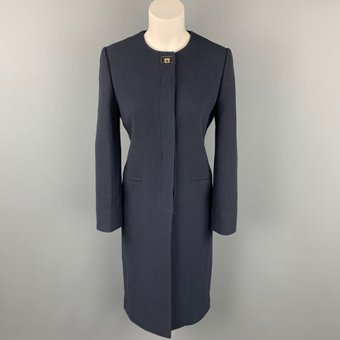SALVATORE FERRAGAMO Talla 4 Abrigo con botones ocultos sin cuello de lana / seda azul marino