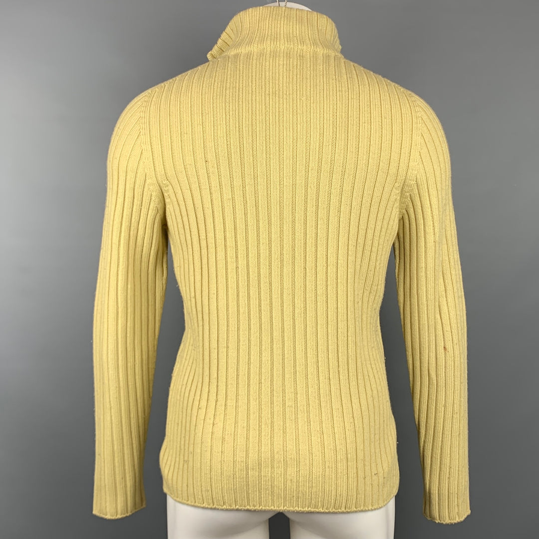HERMES Size L Yellow Ribbed Knit Wool / Cashmere Half Zip Sweater