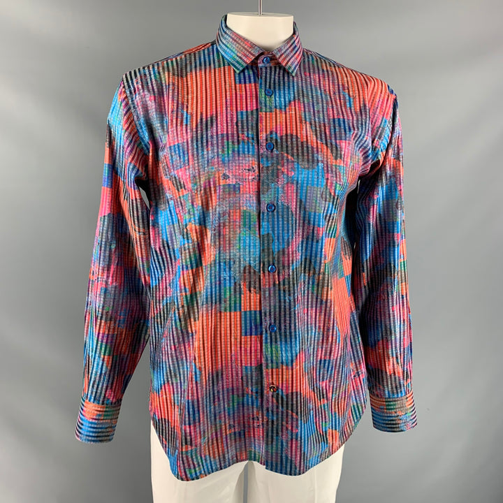 GENE HILLER Size XL Multi-Color Print Cotton Button Up  Long Sleeve Shirt