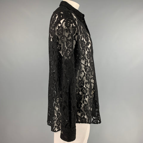 DOLCE &amp; GABBANA Taille L Chemise à manches longues boutonnée en polyamide en dentelle noire