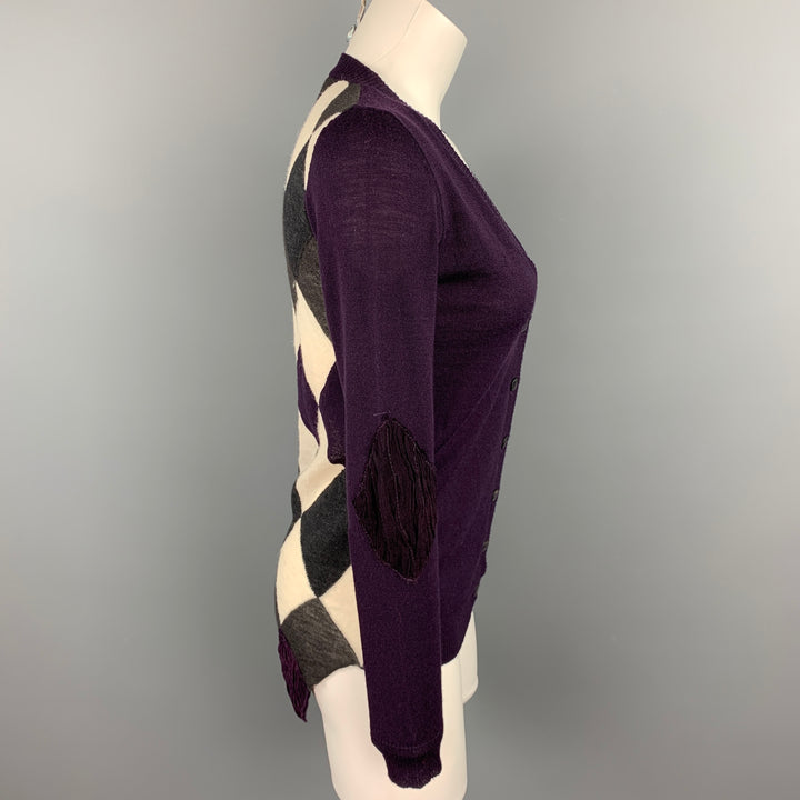 PERESTESO Size 6 Purple Knitted Argyle Virgin Wool Blend Cardigan