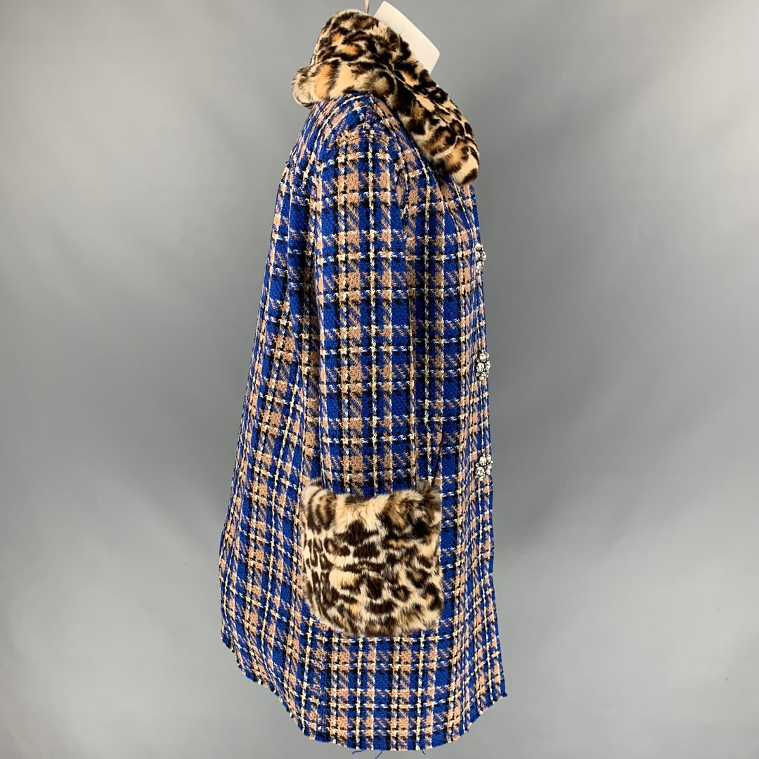 MARC JACOBS Size 2 Blue & Tan Wool / Polyamide Plaid Rabbit Fur Crystal Buttons Coat