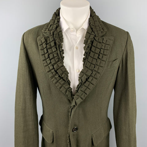 ANN DEMEULEMEESTER Size S Olive Cotton Ruffled Notch Lapel Sport Coat