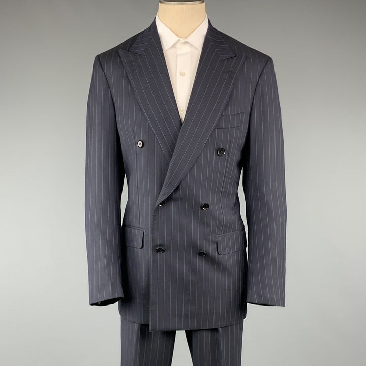 ISAIA Chest Size 40 Long Navy Stripe Wool Peak Lapel 32 34 Suit