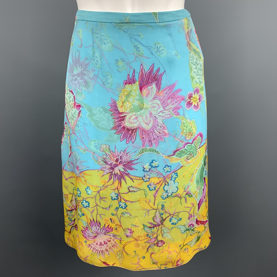 VALENTINO Size 6 Turquoise Floral Chiffon Silk A-line Skirt