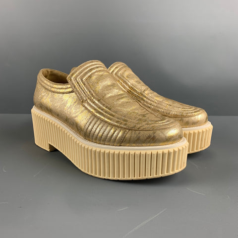 CHANEL Size 9 Gold Fabric Platform Flats