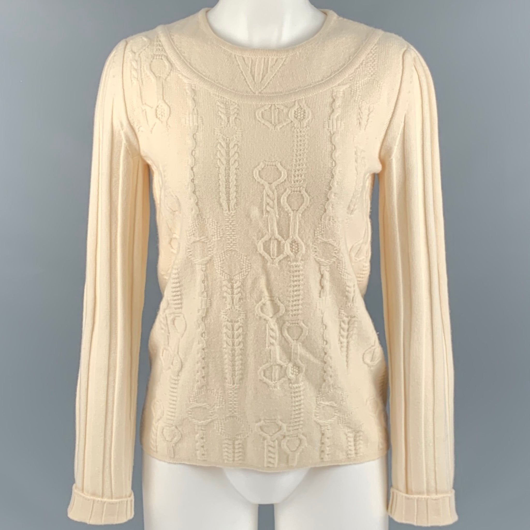 HERMES Size 6 Cream Virgin Wool Textured Sweater Sui Generis