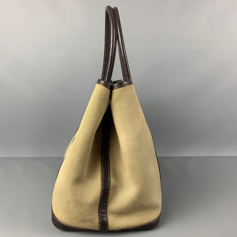 Vintage HERMES Olive Brown Canvas Leather Tote Garden Party Bag