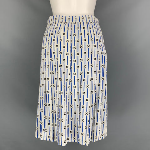 PRADA Size 4 White Blue Viscose Elastane Stripe Pleated Mid-Calf Skirt