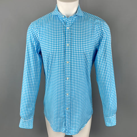 RALPH LAUREN Talla S Camisa de manga larga con botones y cuello extendido de algodón a cuadros color aguamarina