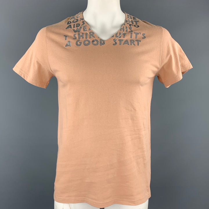 MARTIN MARGIELA Size L Tan Aids Fight Graphic Cotton V-Neck T-shirt