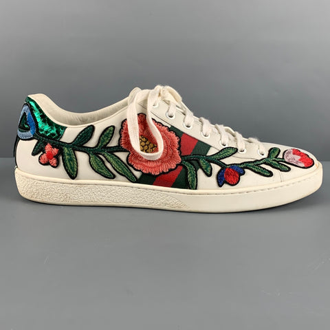 GUCCI Talla 10.5 Zapatillas bajas bordadas de cuero multicolor blanco