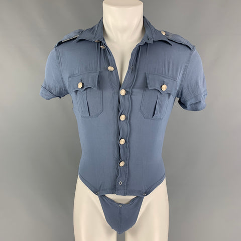Vintage JEAN PAUL GAULTIER Size M Blue Wrinkled Rayon Blend Short Sleeve Shirt