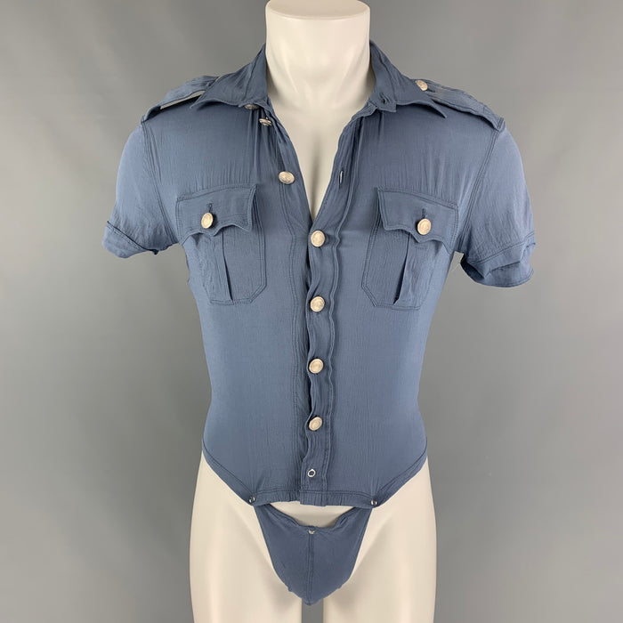 Vintage JEAN PAUL GAULTIER Size M Blue Wrinkled Rayon Blend Short Sleeve Shirt