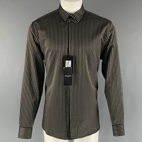 SAINT LAURENT Size M Black Gold Stripe Silk Blend Long Sleeve Shirt