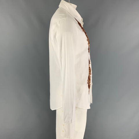 JUST CAVALLI Size XL White Brown Beaded Cotton Button Up Long Sleeve Shirt