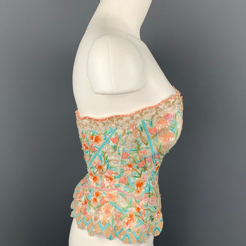 ESCADA COUTURE Size 6 Multi-Color Beaded Floral Silk Bustier
