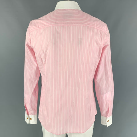 VIVIENNE WESTWOOD MAN Size L Pink White Stripe Cotton Asymmetrical Collar Long Sleeve Shirt