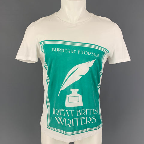 BURBERRY PRORSUM Spring 2015 Size S Teal White Great British Writers Cotton Crew-Neck T-shirt