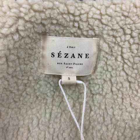SEZANE Size S Navy Cream Cotton Textured Faux Shearling Jacket