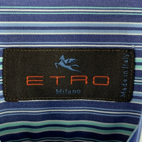 ETRO Size S Blue & Green Stripe Cotton Button Up Long Sleeve Shirt