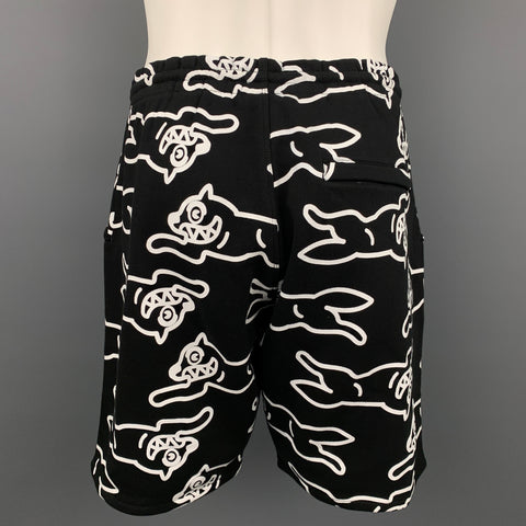 ICECREAM Size L Black & White Logo Print Cotton Drawstring Shorts
