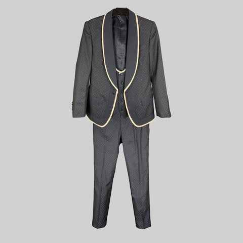 DOLCE & GABBANA Size 36 Navy & White Jacquard Silk Blend Shawl Collar 3 Piece Suit