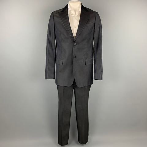 ARMANI COLLEZIONI Size 44 Long Black on Black Stripe Wool Blend Peak Lapel Suit
