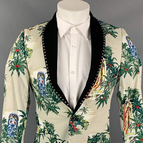 R13 Size S Ivory Green Print Cotton / Silk Shawl Collar Sport Coat
