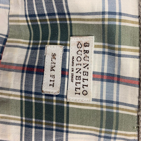 BRUNELLO CUCINELLI Size M White Navy Plaid Cotton Button Up Long Sleeve Shirt