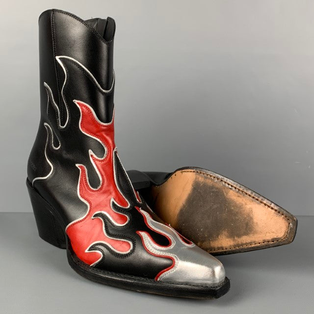 DSQUARED2 Size 11 Black Red Silver Flames Leather Cowboy Ankle Boots