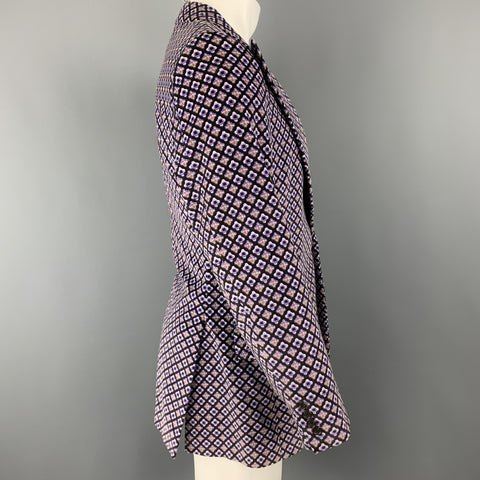 MICHAEL KORS Size 40 Purple & Black Print Cotton Velvet Peak Lapel Sport Coat