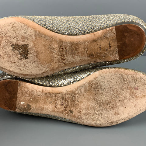 JIMMY CHOO Beck Size 7.5 Champagne Canvas Metallic Peep Toe Flats