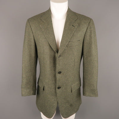 KITON Chest Size 40 Regular Green Houndstooth Cashmere / Silk Sport Coat