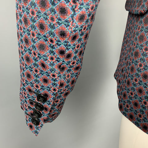 MR. TURK Size 36 Blue & Red Print Polyester Blend Peak Lapel Sport Coat