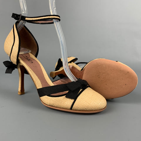 ALAIA Talla 5.5 Zapatos de tacón con lazo texturizado de paja natural y negro