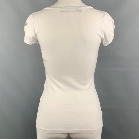 LOVE MOSCHINO Size 4 White Multicolor Cotton / Elastane Flower Rhinestones T-Shirt