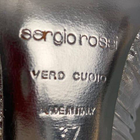 SERGIO ROSSI Talla 7 Zapatos de tacón peep toe metálicos lamé negros
