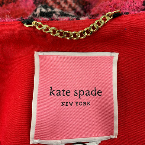 KATE SPADE Size M Red Black Wool Blend Plaid Collarless Coat