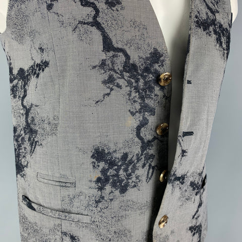 KENZO Size L Navy White Houndstooth Cotton Blend Embroidered Vest