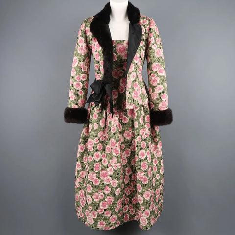 BILL BLASS Size 8 Pink & Green Rose Print Cocktail Dress & Mink Jacket Set BILL BLASS